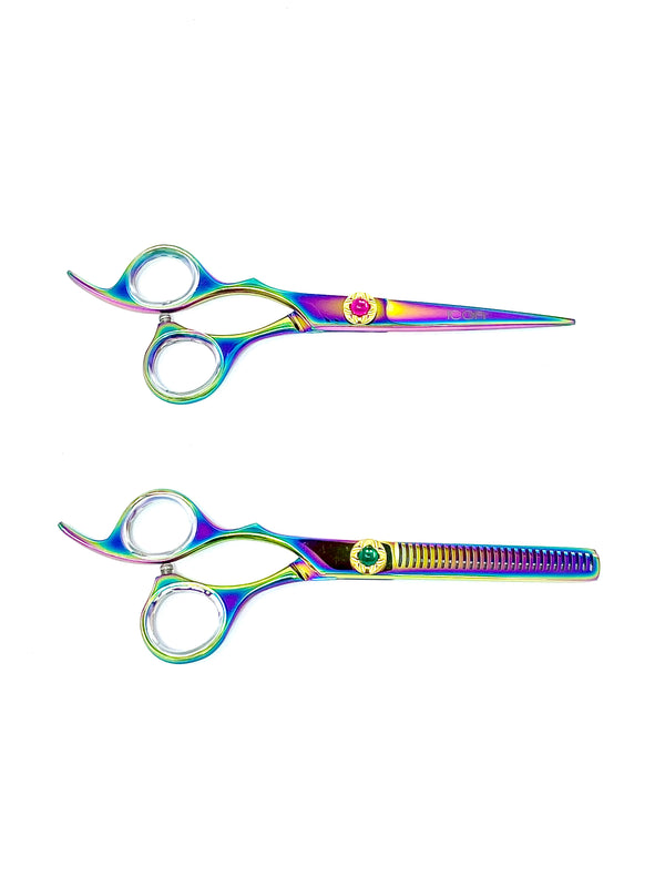 icon multi color rainbow left handed professional hairstyling shear set thinning cosmetology salon scissors