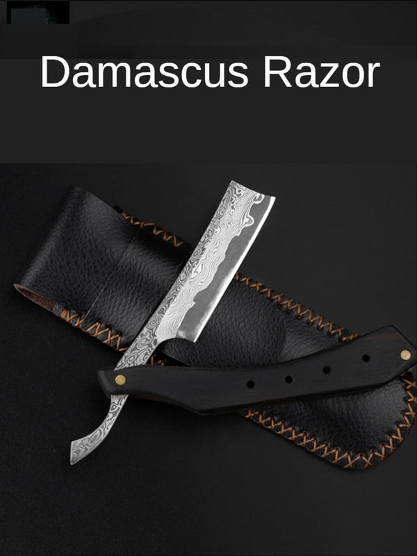 Retro Damascus Steel Razor Handwork Sandalwood Handle Folding